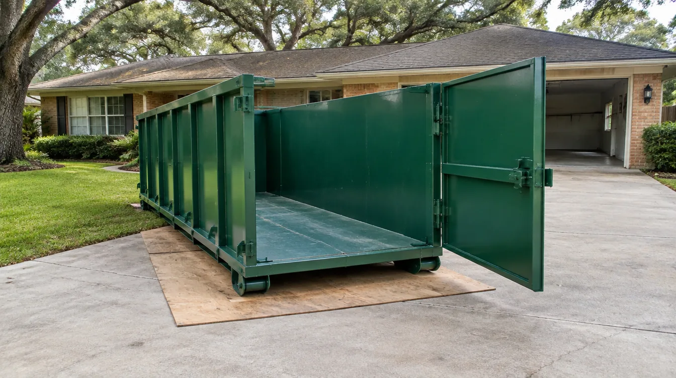Empty roll-off container with its rear door open and a clear driveway loading path